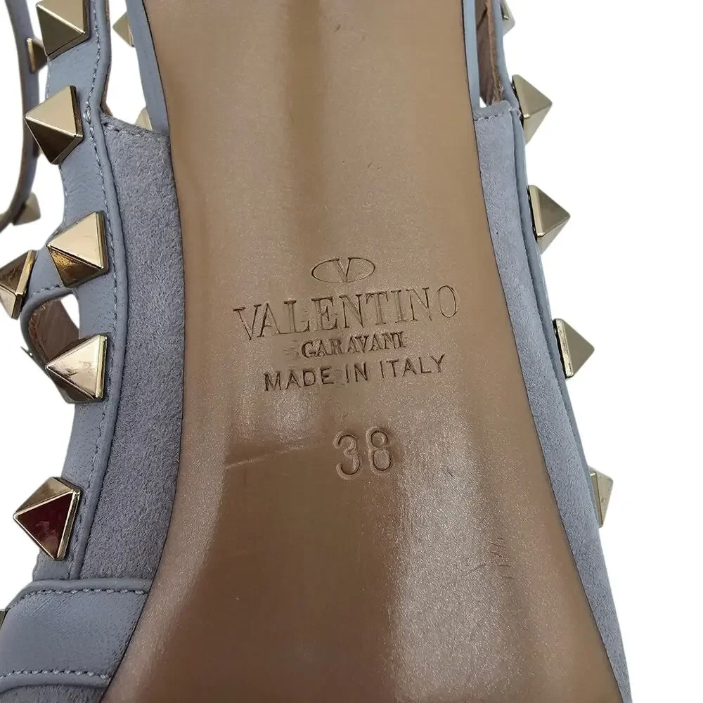 Valentino Garavani Rockstud Cage Heel Pump T Strap Gray Suede Gold Size 38 US 8